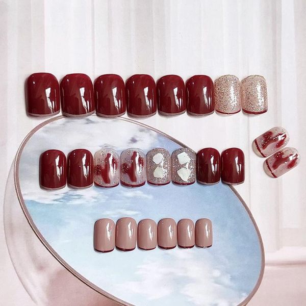 

false nails 24pcs fake red flash blooming french nail art diy slider short paragraph square fully covered decoration, Red;gold