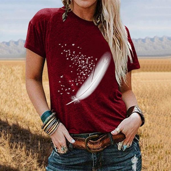 

fashion women t shirt feather printing harajuku casual tee cotton soft o-neck funny for lady girl summer femme women's t-shirt, White