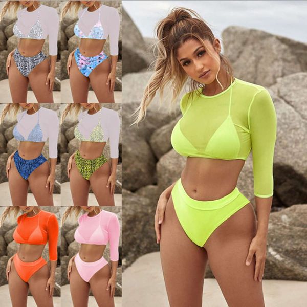 

single style wind printed leopard print fluorescent mesh long sleeve sunscreen t-shirt medium high waist three piece bikini set, White;black