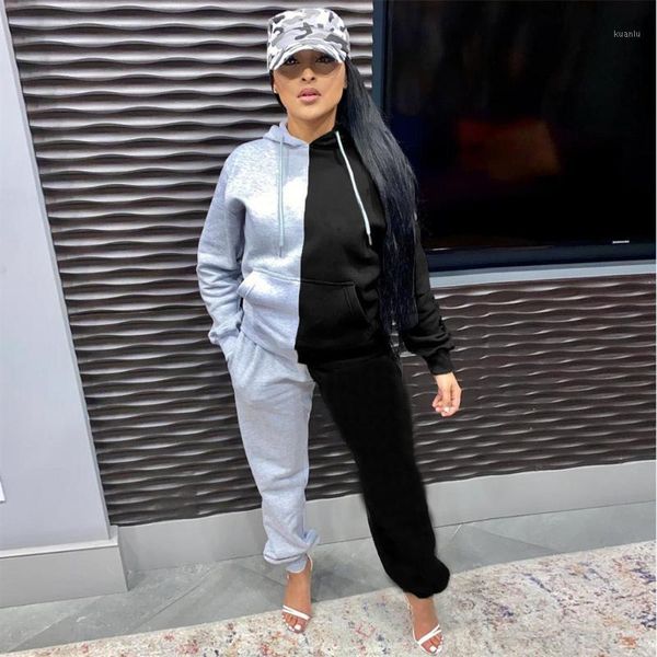 

women's two piece pants hooded tracksuit set autumn winter casual long sleeve sweatshirt sports stitching sweatpants warm suit, White