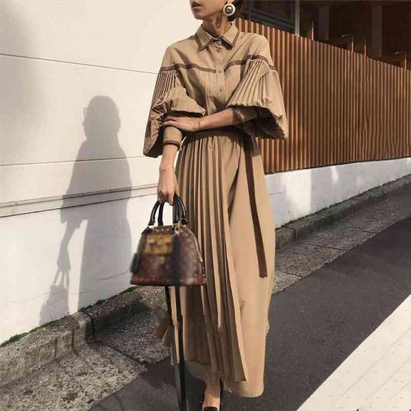 

shengpalae personality pleated spring women dress lapel single braested lace up waist patchwoek lantern sleeve dresse, Black;gray