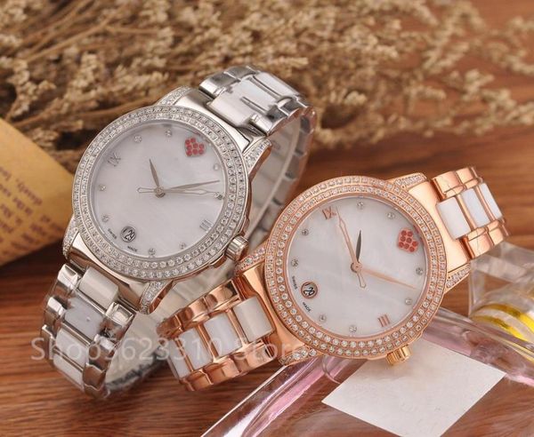 

wristwatches fashion white ceramic calendar watch zircon quartz wristwatch women date clock romantic crystal red heart dial watches 34mm, Slivery;brown