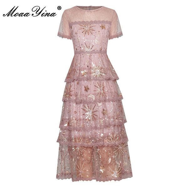 

fashion designer dress summer women's dress short sleeve gorgeous gold line embroidery sequined lace elegant dresses 210524, Black;gray