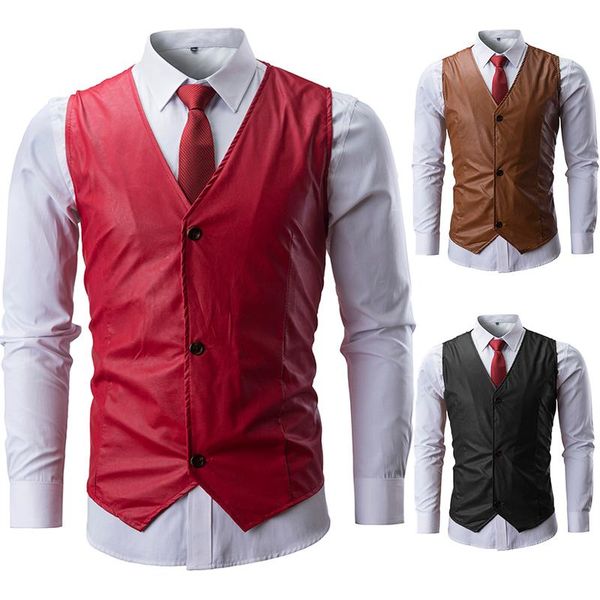 

men's vests brand leather suit vest men 2021 fashion solid color sleeveless slim waistcoat single breasted gilet, Black;white