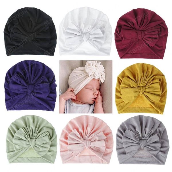 Neonato Ragazzi Ragazze Solid Bow Beanie Cap Infantile Bambino Mussola India Cappello Morbido Turbante Avvolge la testa Bambino Bambini Bonnet Berretti Fotografia