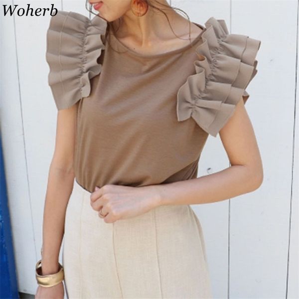 

korean casual ruffles short sleeve t-shirts for women chic summer solid tshirt female fashion lady tees 210519, White