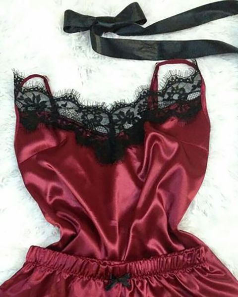 

ninimour women elegant fashion eyelash lace insert satin pajama set 210415, Black;red