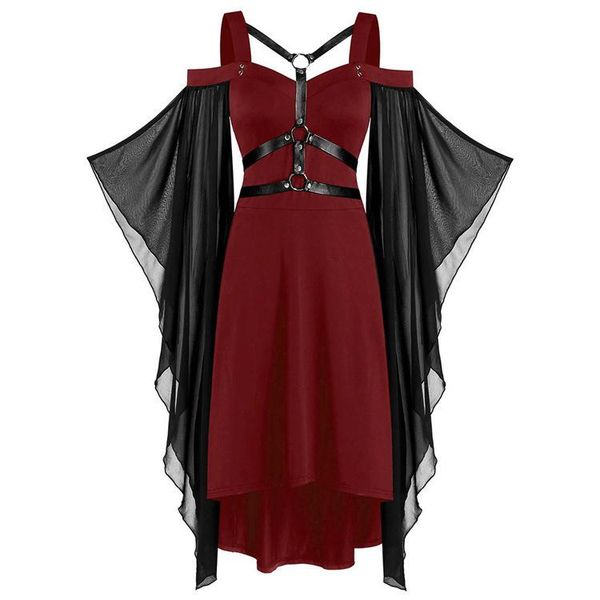 

casual dresses women's gothic dress, long mesh see-through sleeve punk bandage splicing strap suspender halloween costumes for women, Black;gray