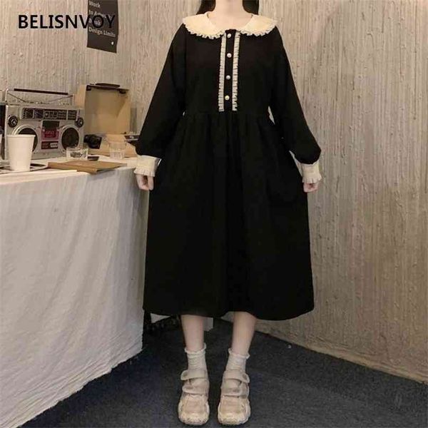 Outono Mulheres Mulheres Long Lolita Vestido Peter Pan Collar com Laço Preto Vermelho Retro Romântico Romântico elegante elegante senhora chique es 210520