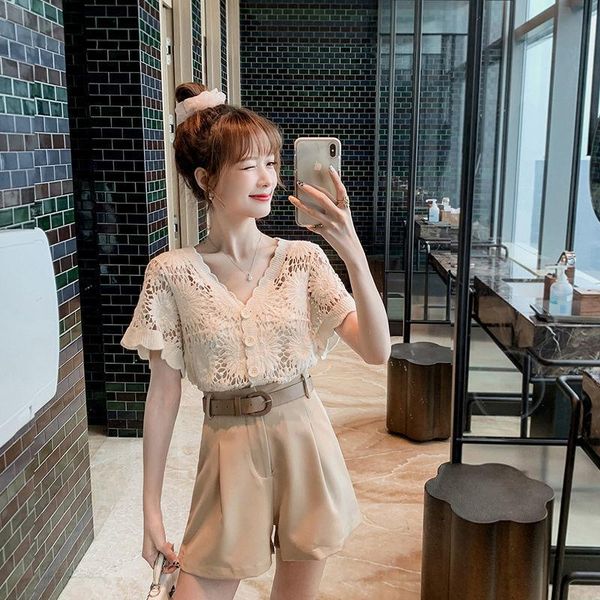 

women's tracksuits suit fashion hollow out small shirt wide leg shorts two piece set summer clothes spring women, Gray