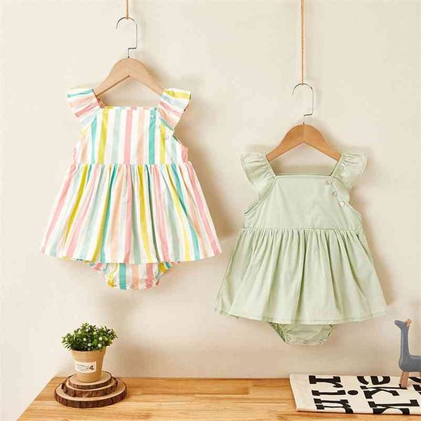 Born Rainbow Stripe Toddlers Bambini Tute Estate Neonate Pagliaccetti Pantaloncini Manica Stile coreano Neonati Vestiti 210521