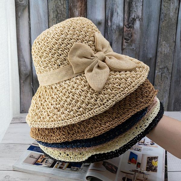 

wide brim hats 2021 summer small fresh sun hat straw edge fisherman simple bow japanese wild, Blue;gray