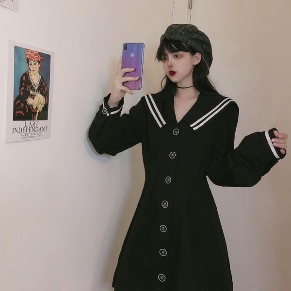 

autumn women dress sweet lovely loose casual long-sleeved high waist mini preppy style a-line solid sailor collar dresses, Black;gray