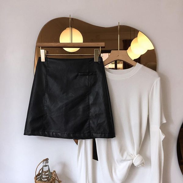 

skirts women a-line black pu leather moto short