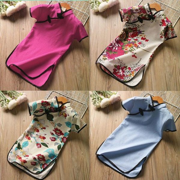 piece teen summer children's clothing girls ethnic style cotton and linen retro printing stand-up collar cheongsam a-line dres girl, Red;yellow