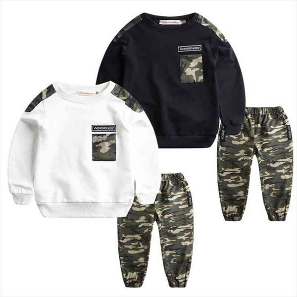 

boy sport clothing sets boys clothes tracksuit autumn camouflage children kids pants 2pcs kit outfit, White