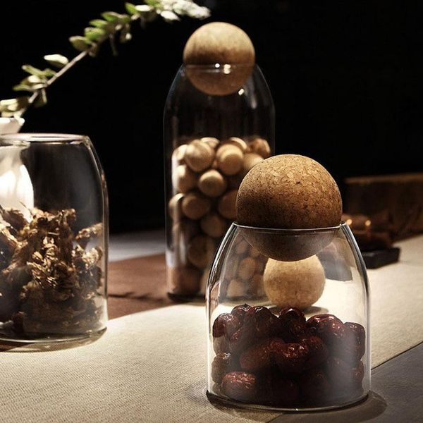 

500/800/1200ml glass storage container with ball cork organization bottle and air tight wood ser lid for pantry bottles & jars