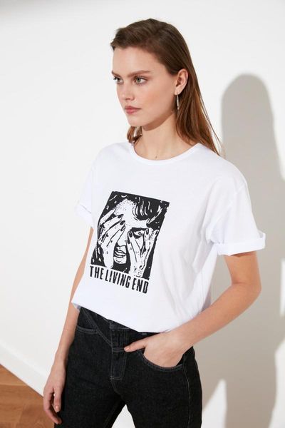 

women's t-shirt trendyol printed boyfriend knitted twoss21ts0556, White