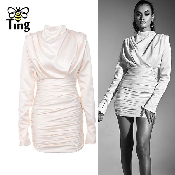 

fashion satin draped mini dress white black long sleeve bodycon party night club ed designer women outfit 210513, Black;gray