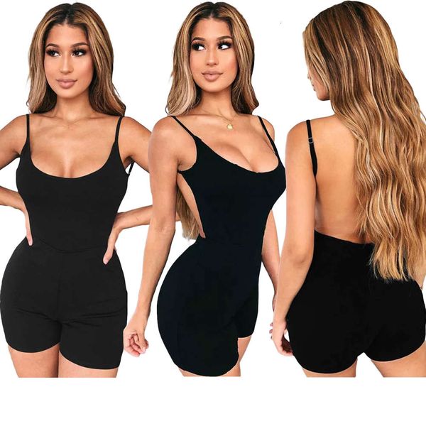 

mw8310 women's solid suspender open back slim casual jumpsuit, Black;white