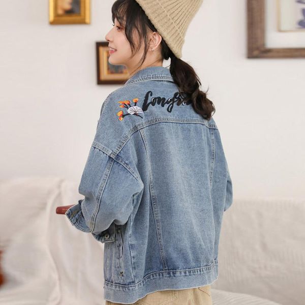 

women's jackets johnature 2021 autumn denim embroidery print loose women coats koream turn-down collar button female jeans, Black;brown