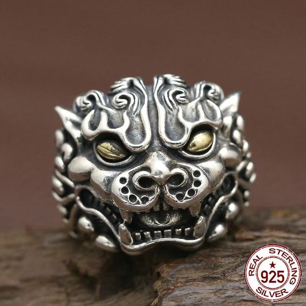 

cluster rings 100% s925 sterling silver men's ring personality fashion retro punk jewelry carved lion beast shape to send a gift of lov, Golden;silver