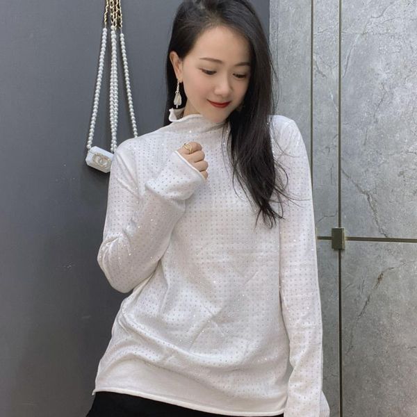 

women's sweaters autumn elegant solid studded sweater winter high collar knitted casual stretchy base clothes all match, White;black