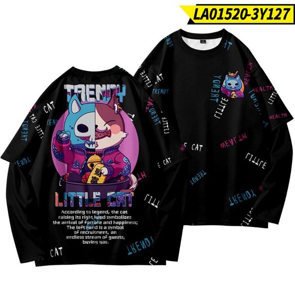

men's t-shirts spring autumn harajuku style clothes male tees fake two-piece loose long sleeve black cat print t-shirt, White;black