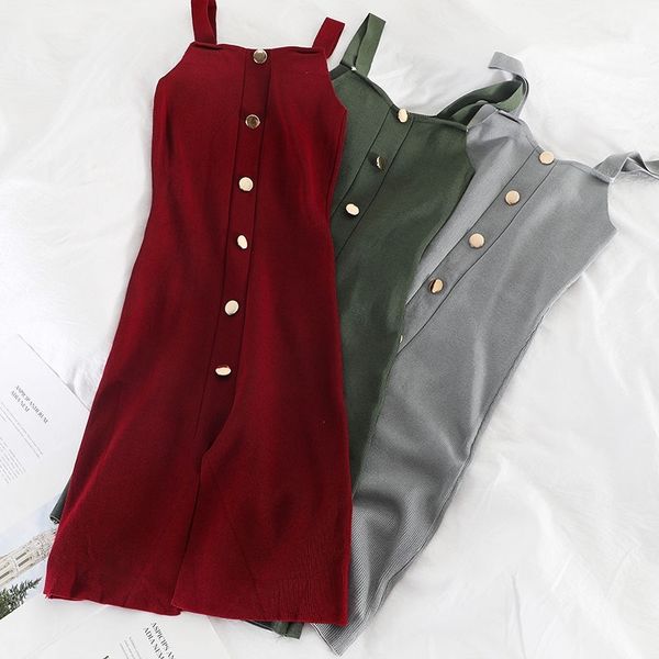 

women knit dress fashion spring summer sleeveless spaghetti strap bodycon dresses ladies basic gold button sweater robe 210602, Black;gray