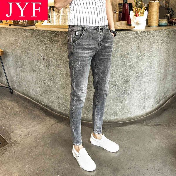 

men's jeans fashion denim men's stretch ankle length pants korean spirit young guy feet men wild tight pencil ofmv, Blue