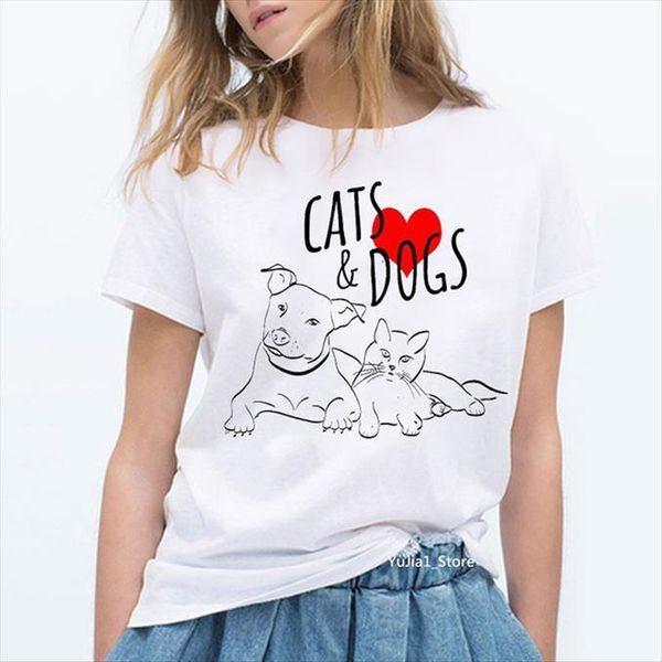 

funny dog kiss love cat women t shirt animal print femme graphic tees camisetas mujer aesthetic grunge clothes, White
