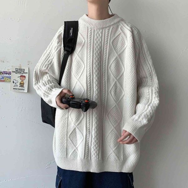 

men's sweaters white crew neck long sleeve shirts fashion clothing korean style clothes cable knit oversized wffu, White;black