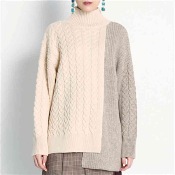 Frauen stricken halb hohen Kragen Pullover Persönlichkeit Minima Liste Saum asymmetrische Hit Farbe Damen Pullover lose Oberbekleidung Top 210515