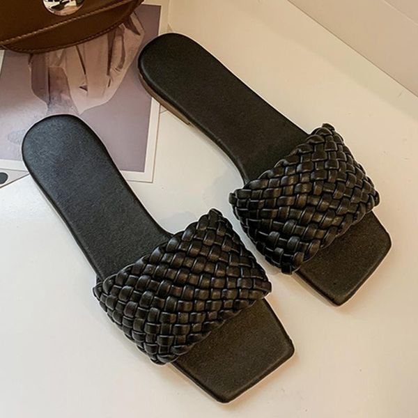 

slippers outdoor women's soft soled sandals for summer 2021 woven elements flat bottom heel retro rome beach shoes, Black