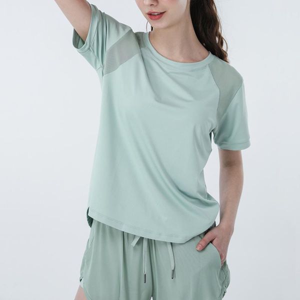 

yoga outfit sports shirts women mesh patchwork breathable quick-dry fitness short sleeve gym workout running loose t-shirts
