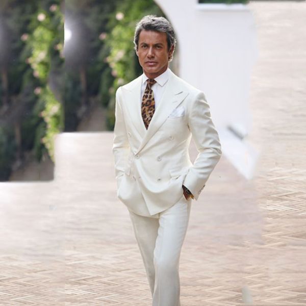 

men's suits & blazers ivory slim fit formal business men peaked lapel wedding tuxedos double breasted groom wear 2pcs costume homm, White;black