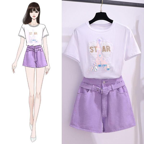 

two piece suit sweet korean pattern sequin short sleeve t-shirt +women harajuku wear high waist summer outfits s140 dress, White