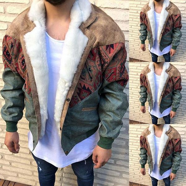 

mens jackets fashio men suede stitching fur coat color block lapel long sleeve fleece buttons jackets winter warm outwear, Black;brown