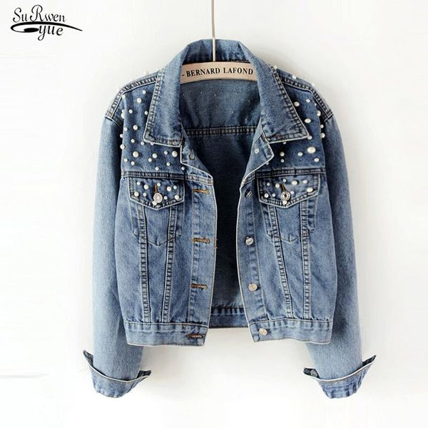 

women's jackets 2021 autumn full sleeve loose button pearls short lapel wild leisure denim coat fashion jacket plus size 15457, Black;brown