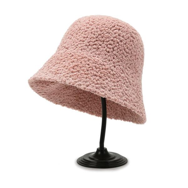 

wide brim hats solid color plush women panama hat autumn winter warm knitted bucket girls soft lamb wool outdoor fisherman cap for ladies, Blue;gray