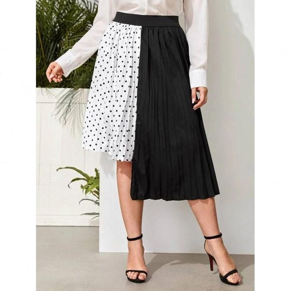 

skirts plus size women pleated polka dot white black stitching chiffon l-5xl 2021 summer fashion all-match ladies midi
