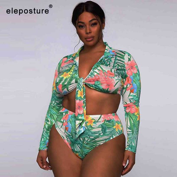 Sexy Plus Size Bademode Frauen Blätter Drucken Bikini Lange Ärmel Badeanzug Weibliche Hohe Taille Badeanzüge Sommer Strand Tragen 210521