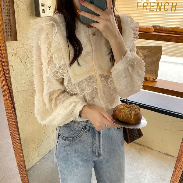 

dress vintage elegant lace stitching blouses women large lapel long sleeve arrival korean style black shirt blusas, White