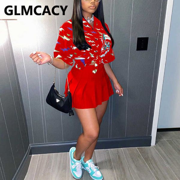 

two piece chic summer suits button shirt & pleated skirt set 210702, White