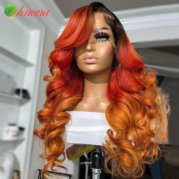 

lace wigs red orange brown ombre colored 13Ã4 front wig for women pre-plucked transparent peruvian body wave human hair, Black;brown