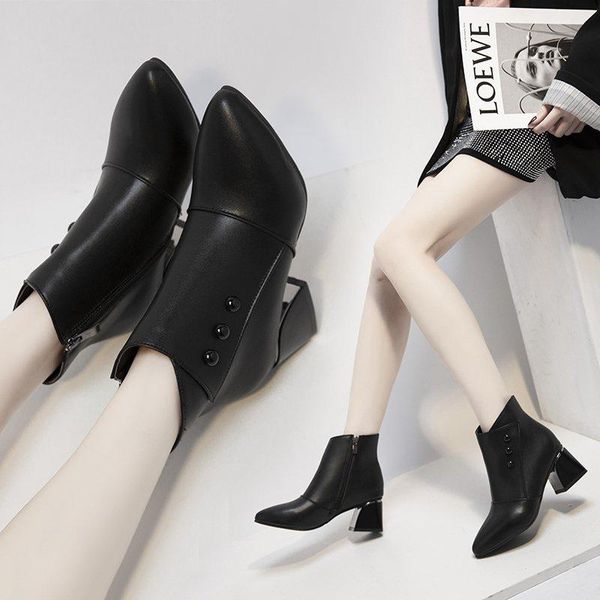 

boots big size 35-42 women ankle 2021 winter square heeled booties black pointed toe high heels dress shoes botas mujer 8842c