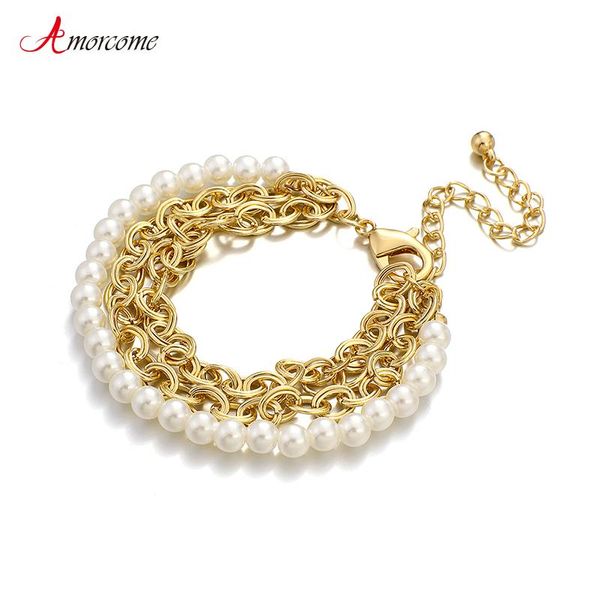 

amorcome fashion imitation pearls link chain layered bracelet multilayer bridal wedding bracelets jewelry for women 2021 gift charm, Golden;silver