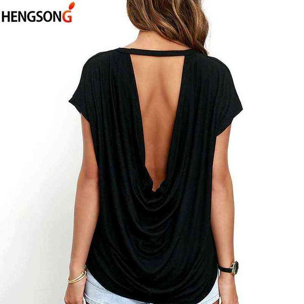 Moda Açık Geri T Gömlek Kadın Rahat Backless Kısa Kollu Tshirt Yaz Sıcak Giyim Gevşek O-Boyun Tops Tees Siyah Beyaz G220228