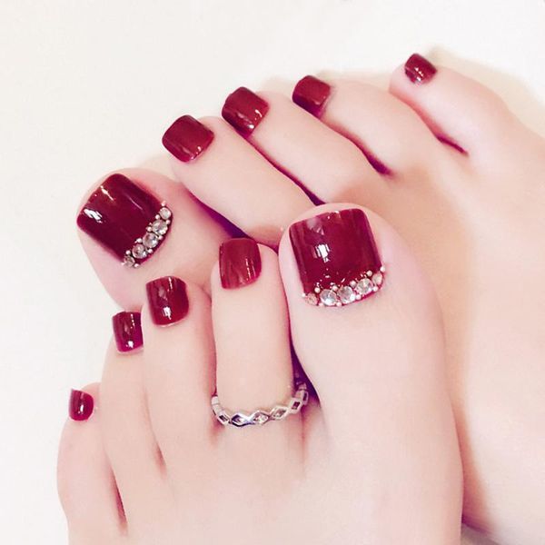 

false nails 24pcs toe summer style fake tips with glue fresh flower leaves design toenail full cover nail art decoration, Red;gold