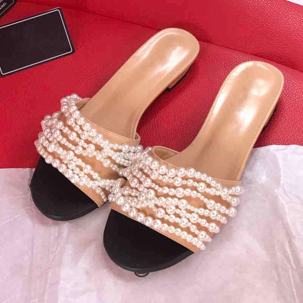 

80% off shoes new summer luxury brand women fashion pearl flat slippers square toe soft bottom beach flip flops woman comfortbale sandals, Black